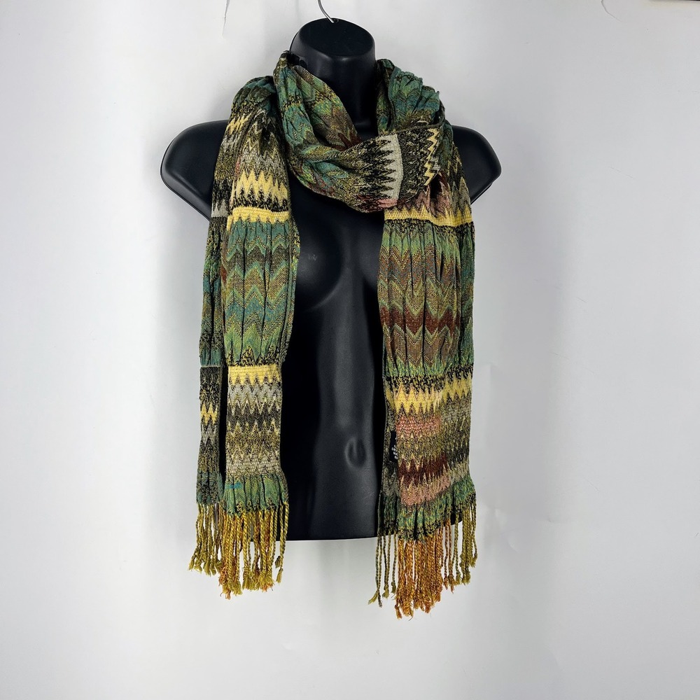 Tolani Viscose Chevron Zigzag Scarf Green Gold Brown Smocked Fringe Trim India
